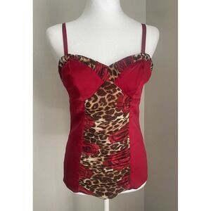 Express Design Studio M/6 Y2K Silk Babydoll Tank Top Red Removable Strap Rouched